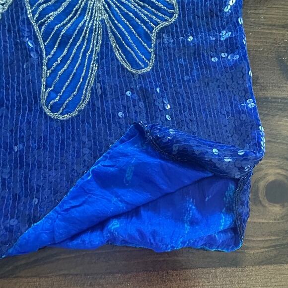 Vintage JLB 100% Silk Sequin Blue Silver Short Sleeve Top Blouse Womens Sz Large - Picture 4 of 10
